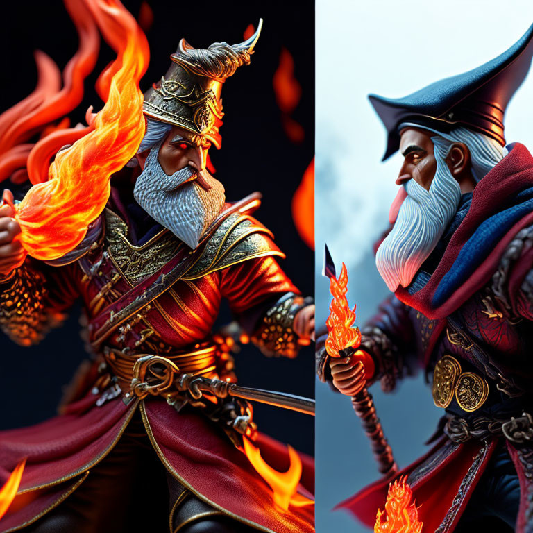 Fantasy-themed warrior and mage figurines with fiery elements