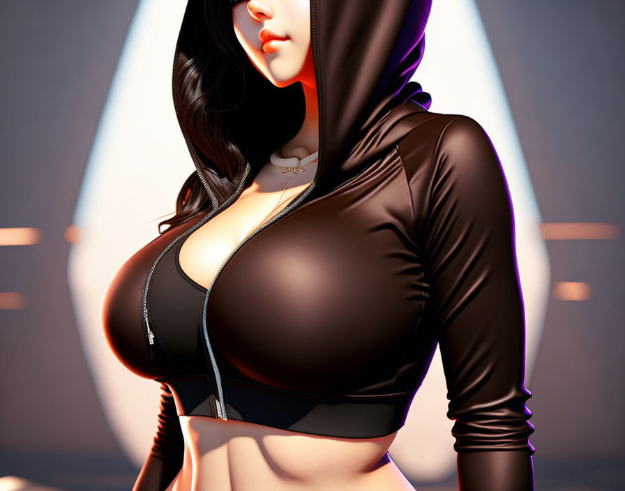 Detailed Digital Illustration of Woman in Black Hooded Crop Top