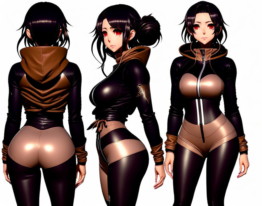 Three 3D-animated female character poses in tight brown bodysuit with hood & black accents