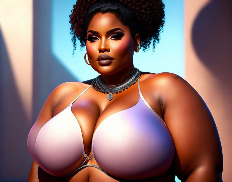 Digital artwork of confident woman with dramatic makeup and curly hair in pink top.