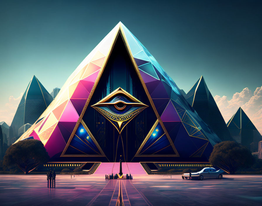 Futuristic pyramid with illuminated eye design, figures, and sleek car.