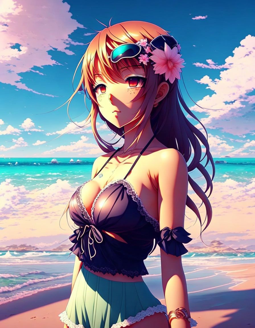 Brown-haired animated girl in bikini and skirt on beach with sunglasses, blue sky, clouds