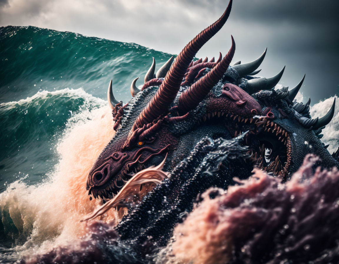 Dark, Scaly Dragon Emerges from Ocean Waves