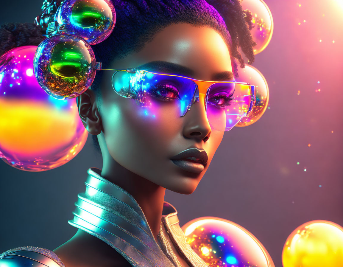 Futuristic woman with luminous eyewear and neon-lit spheres