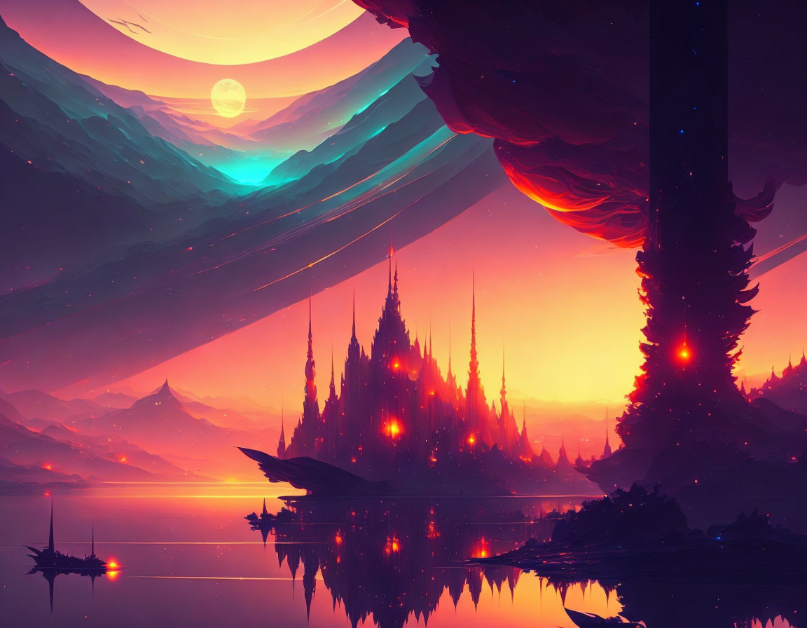 Futuristic sci-fi landscape with glowing moon, spires, lake, and magenta sky