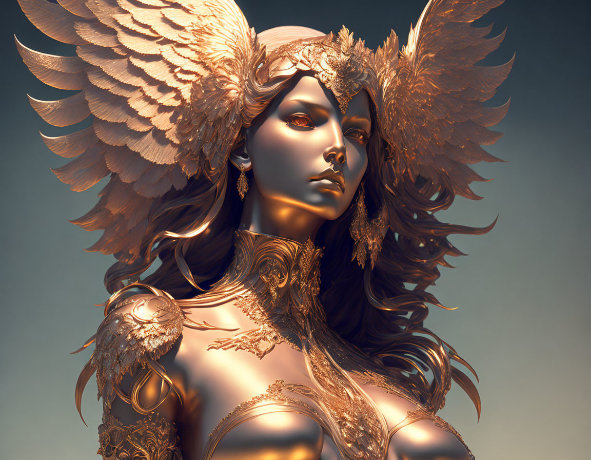 Golden female figure in ornate winged armor and feathered headdress.