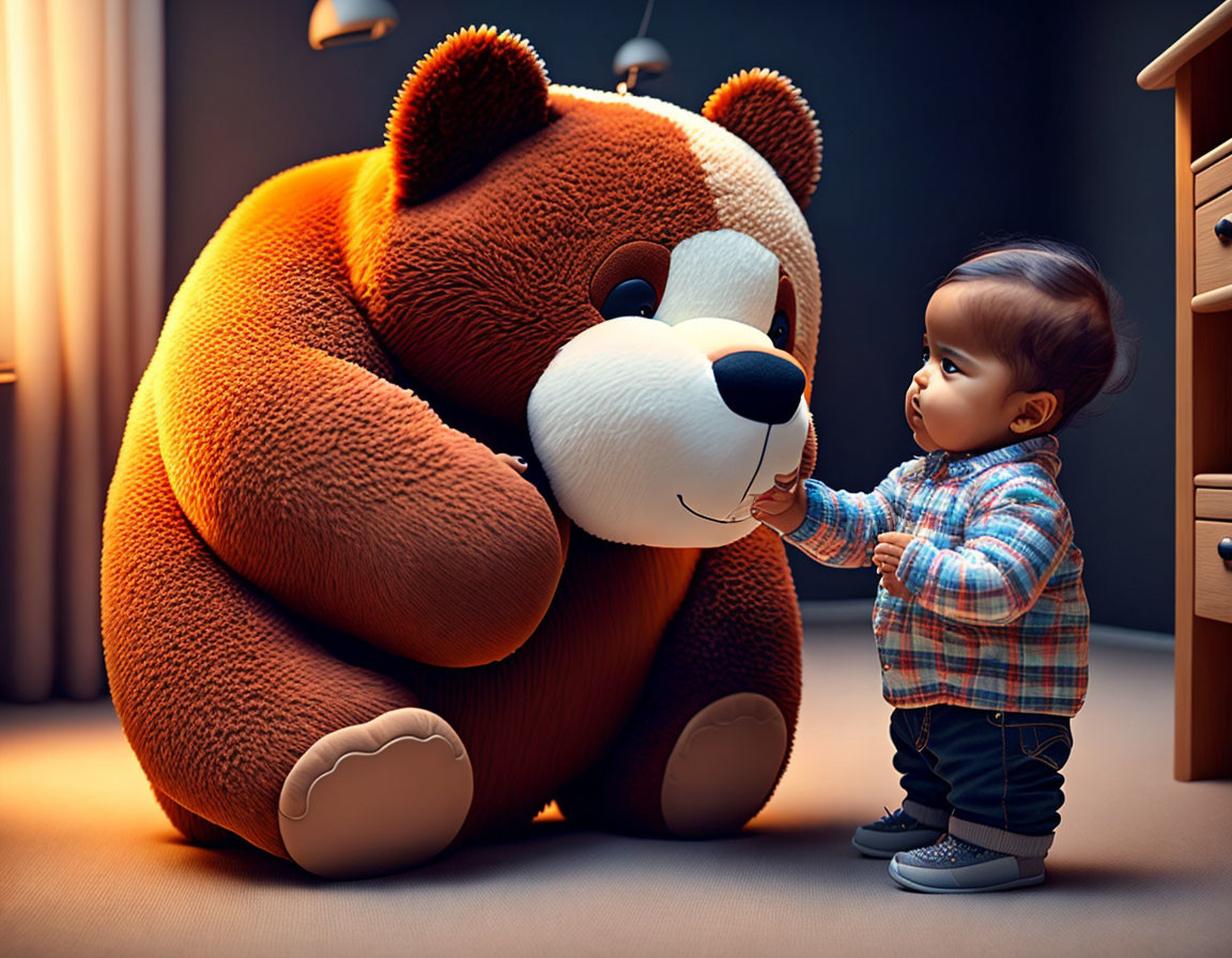 Toddler exploring giant teddy bear in cozy room