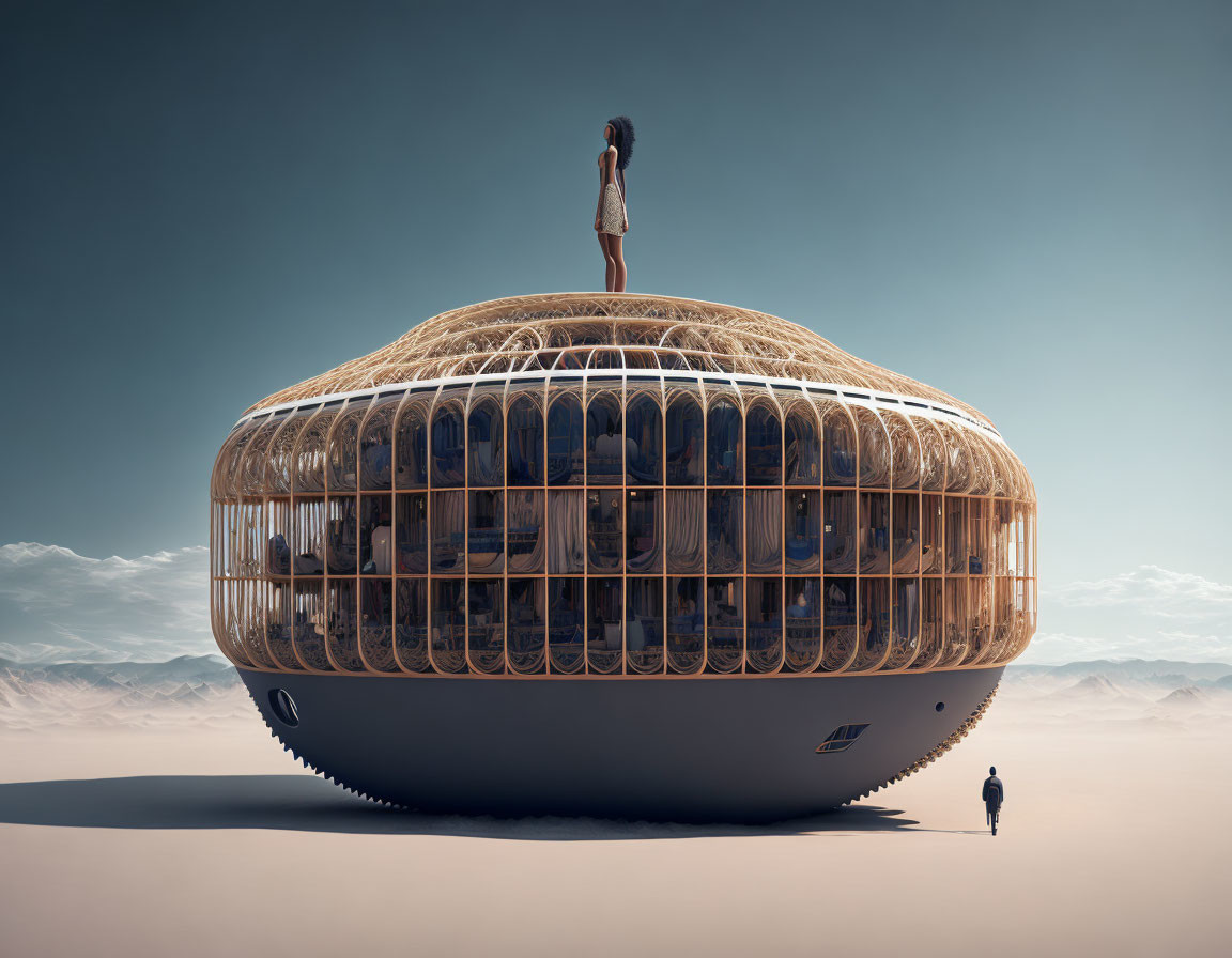 Surreal image of person on dome structure in barren landscape