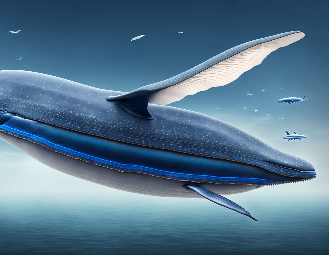 Blue whale swimming with fish and seagulls in serene ocean scene