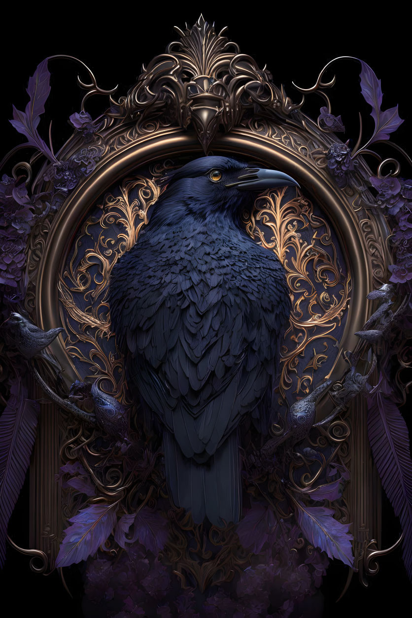 Majestic raven with intricate feathers in gothic golden frame