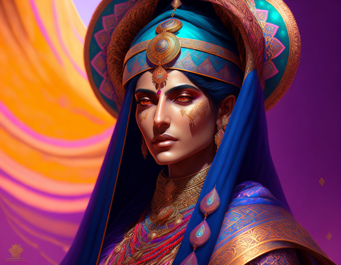 Colorful digital artwork of woman with blue skin and ornate gold jewelry on purple and orange background