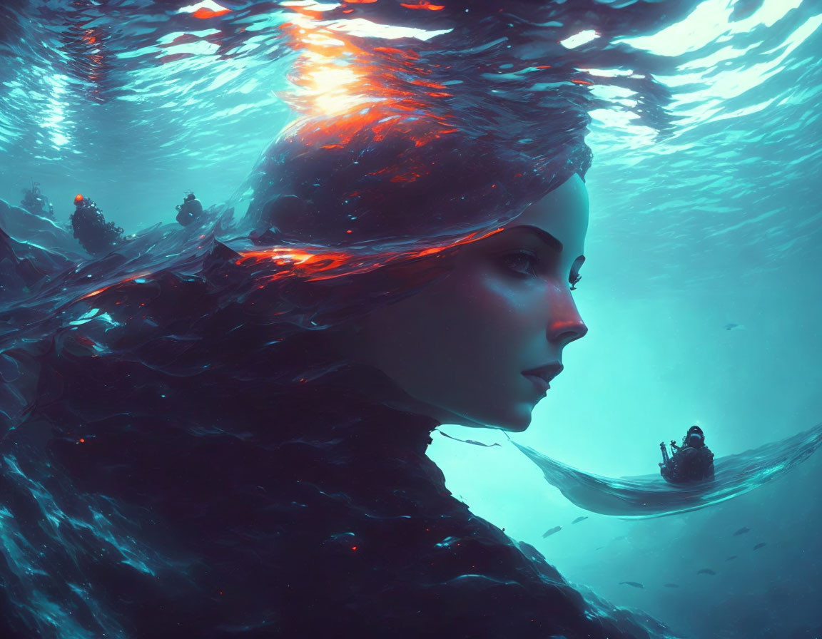 Surreal image: Woman's face merges with underwater scene