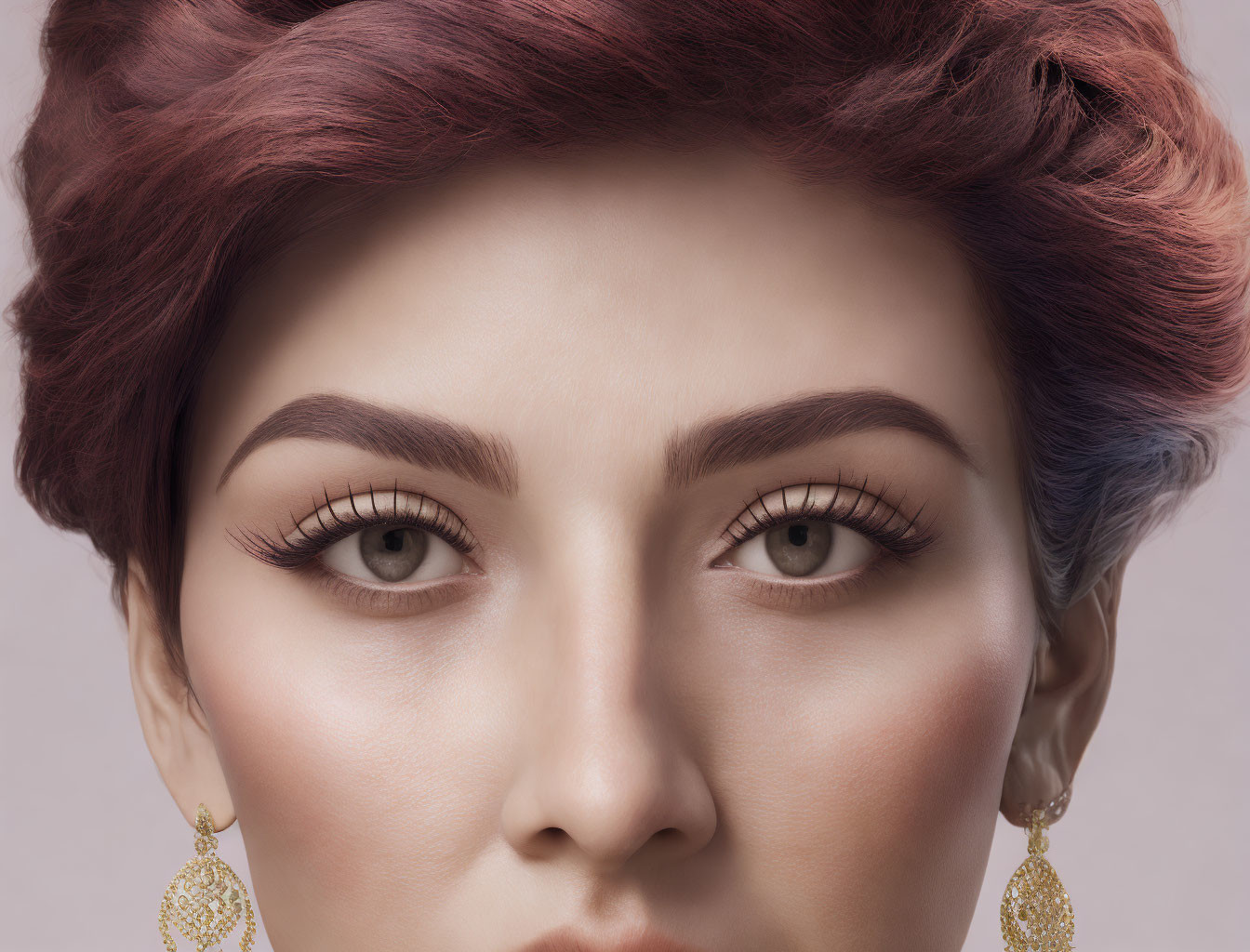 Detailed portrait of woman with red hair, hazel eyes, and bold eyebrows.