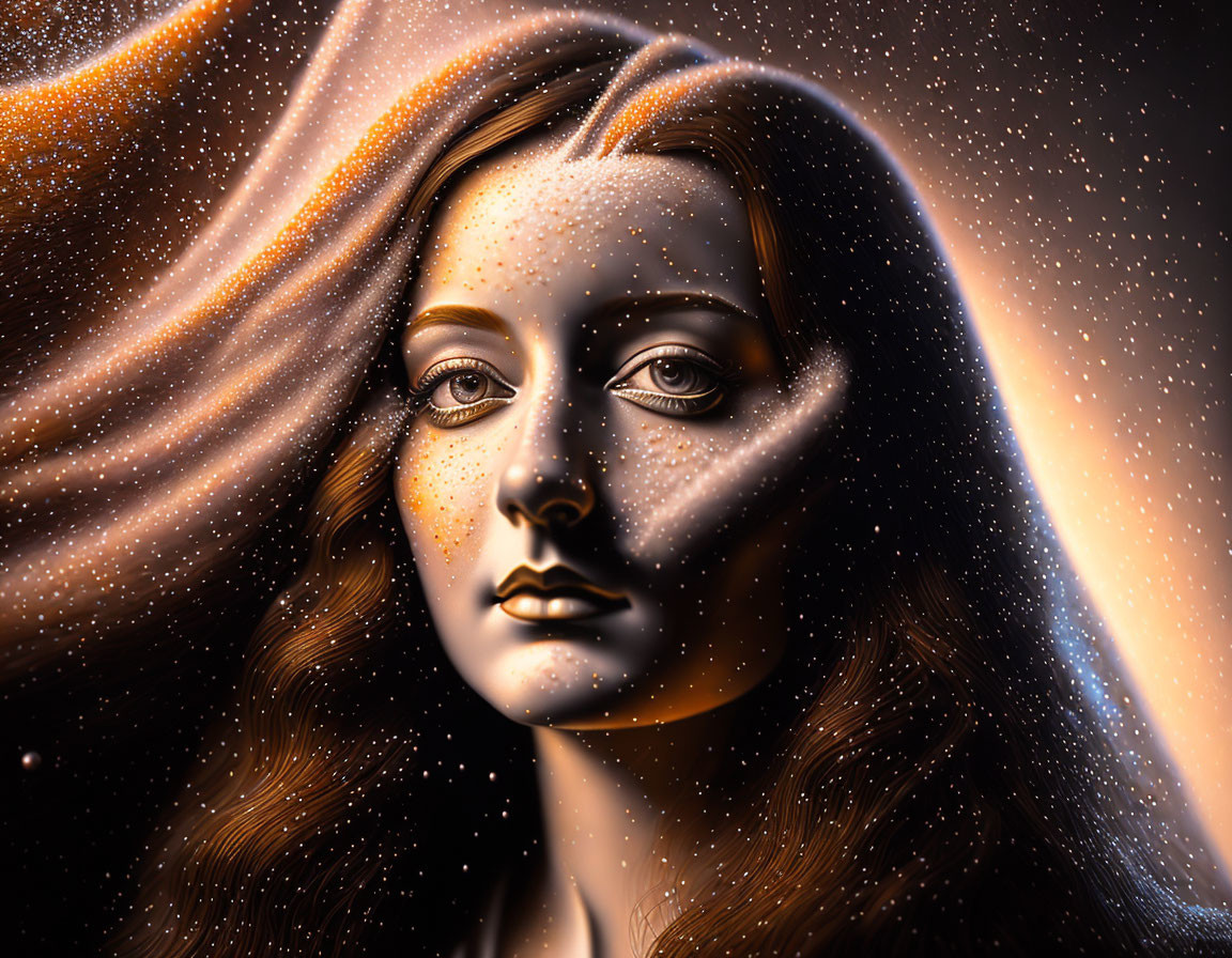 Close-up digital artwork: Woman with flowing hair blending into starry night sky