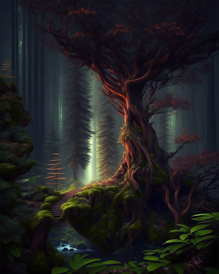 Majestic tree in ethereal forest scene with lush foliage