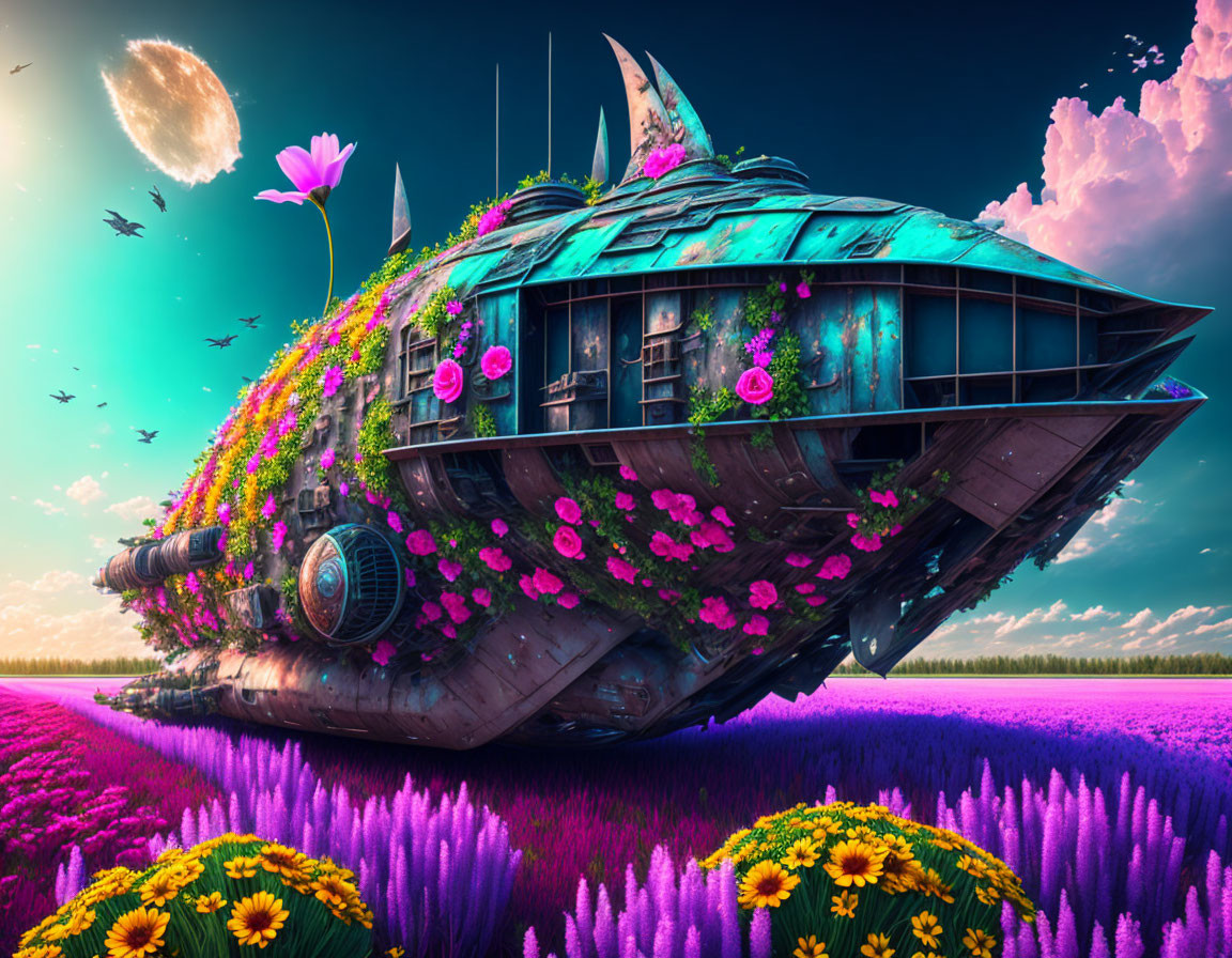 Futuristic spaceship with flowers in colorful field under blue sky