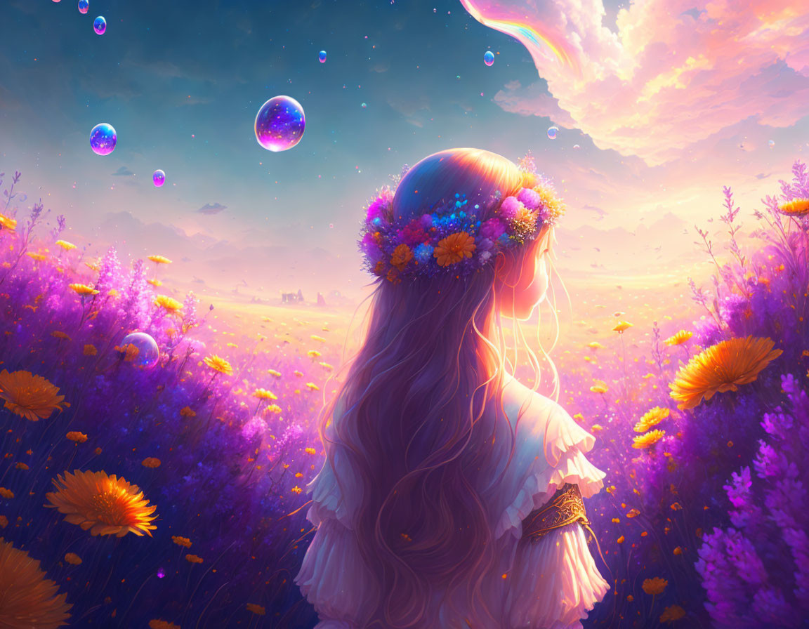 Girl with Flower Crown in Magical Landscape with Floating Bubbles