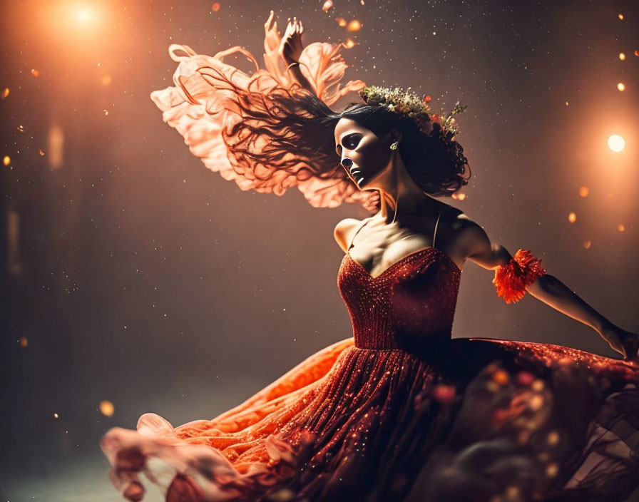 Woman in Red Dress with Floral Headpiece and Dramatic Hair in Warm Glowing Setting