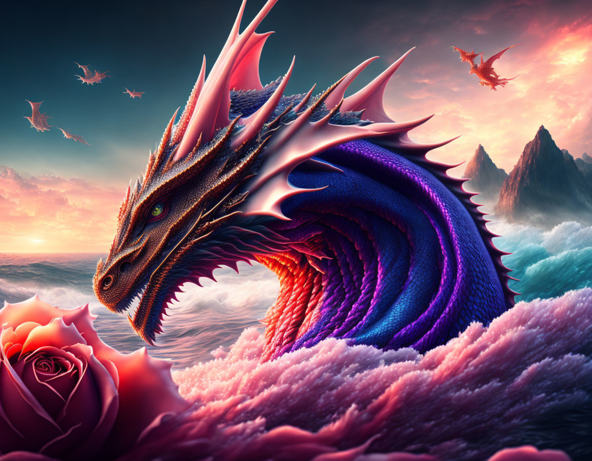 Colorful Dragon with Rose in Pink Sunset Sky