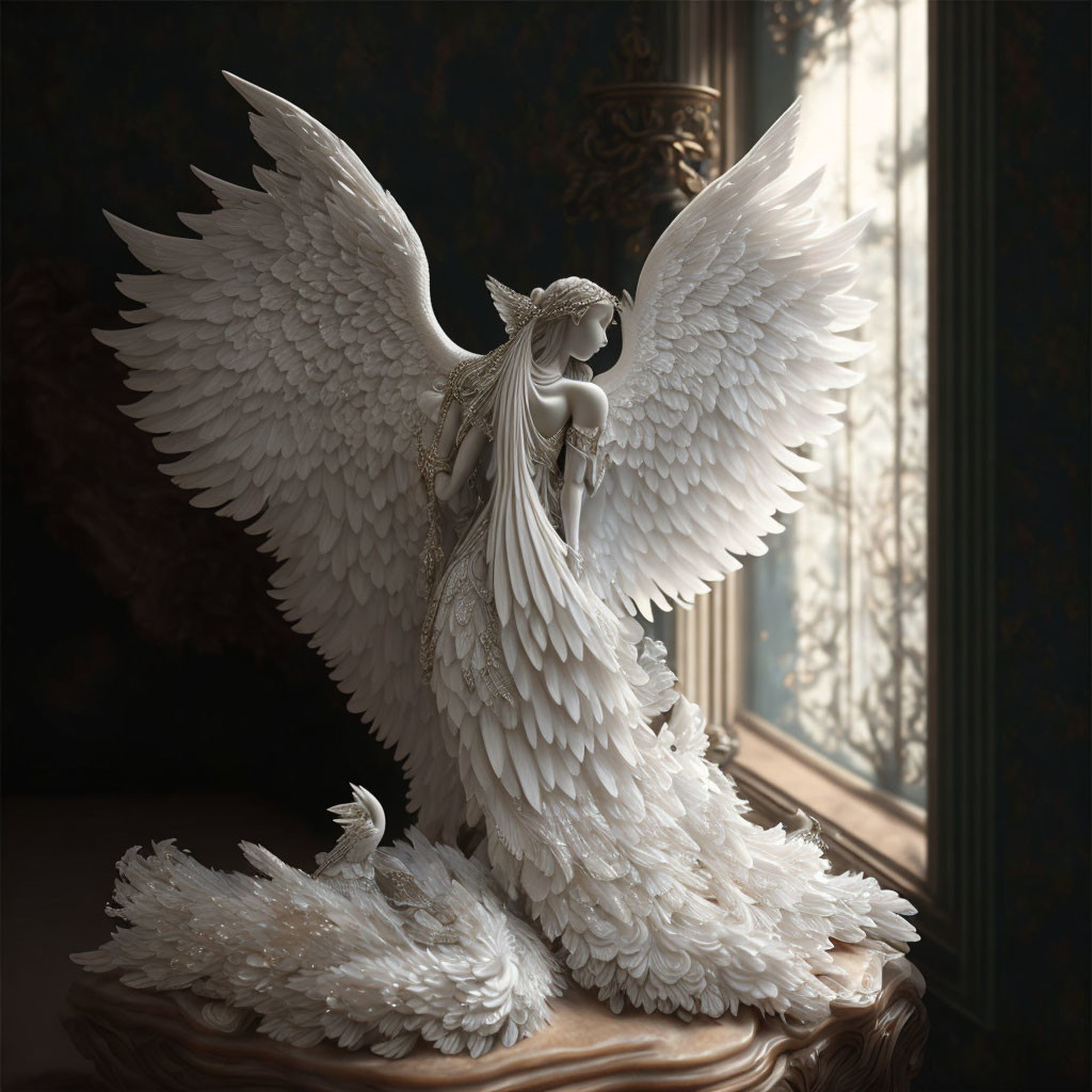 Detailed angel sculpture with feathered wings and bird, near a window with light.