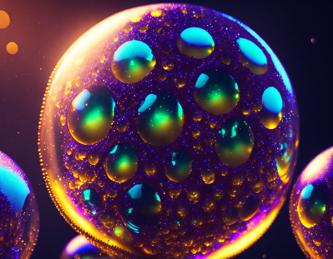 Glowing orbs and water droplets in surreal cosmic scene