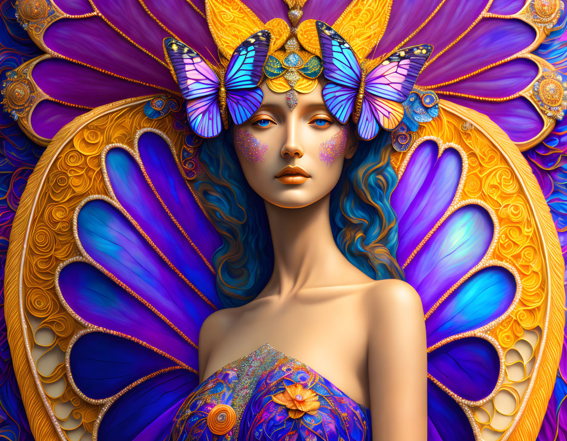 Colorful digital artwork of woman with butterfly adornments in intricate blue-and-gold design