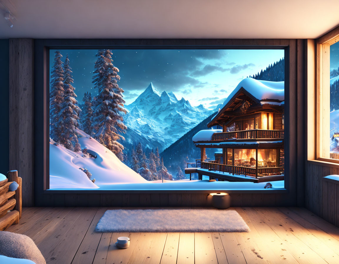 Mountain cabin overlooking snowy landscape at dusk