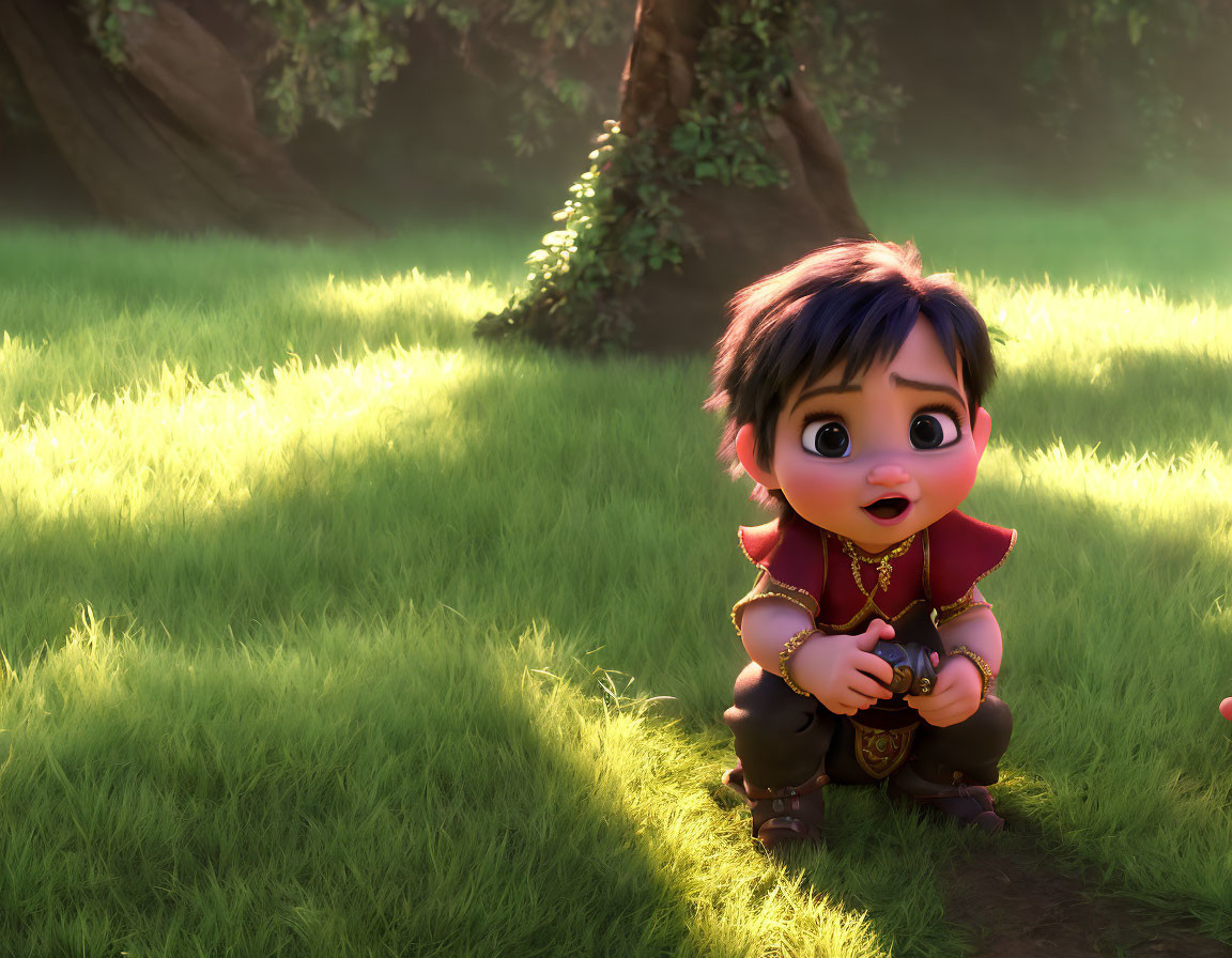 Child Squatting in Sunlit Grass with Trees and Curious Expression