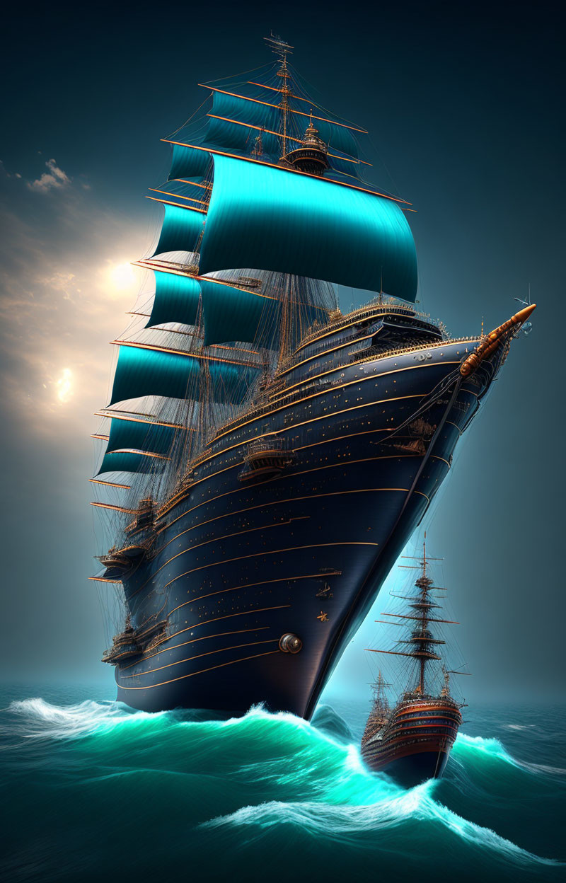 Tall ship with blue sails on the ocean under dusky sky