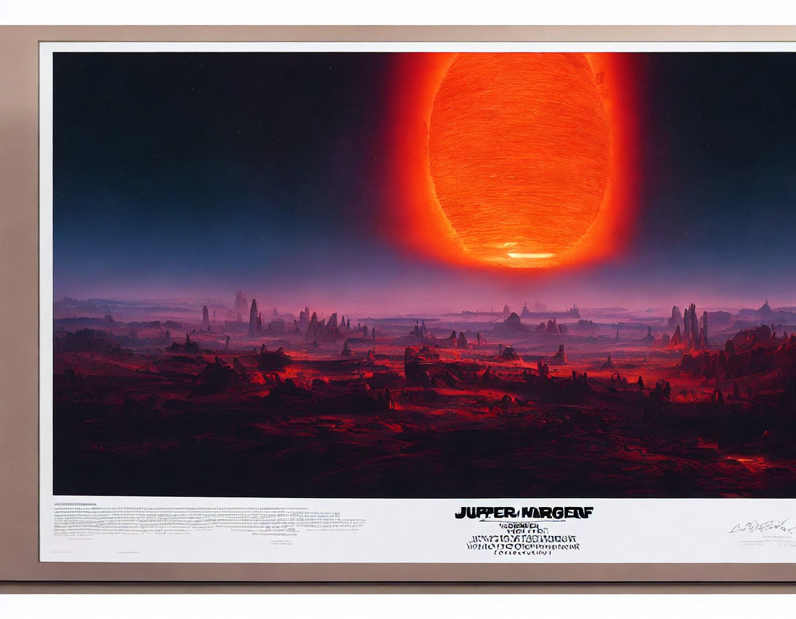 Science fiction landscape with giant red Jupiter in sky above rocky terrain