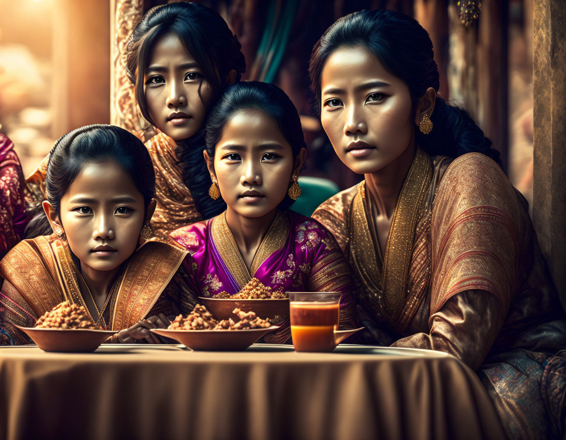 Four Women in Traditional Attire and Ornate Jewelry Sitting Together