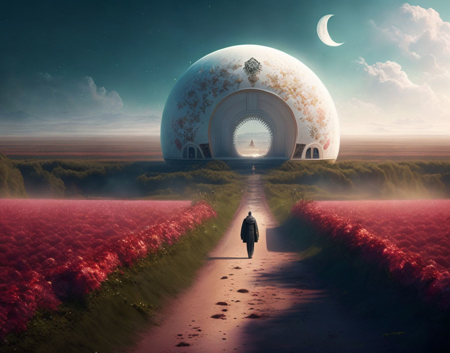 Person walking through red fields to spherical structure under twilight sky