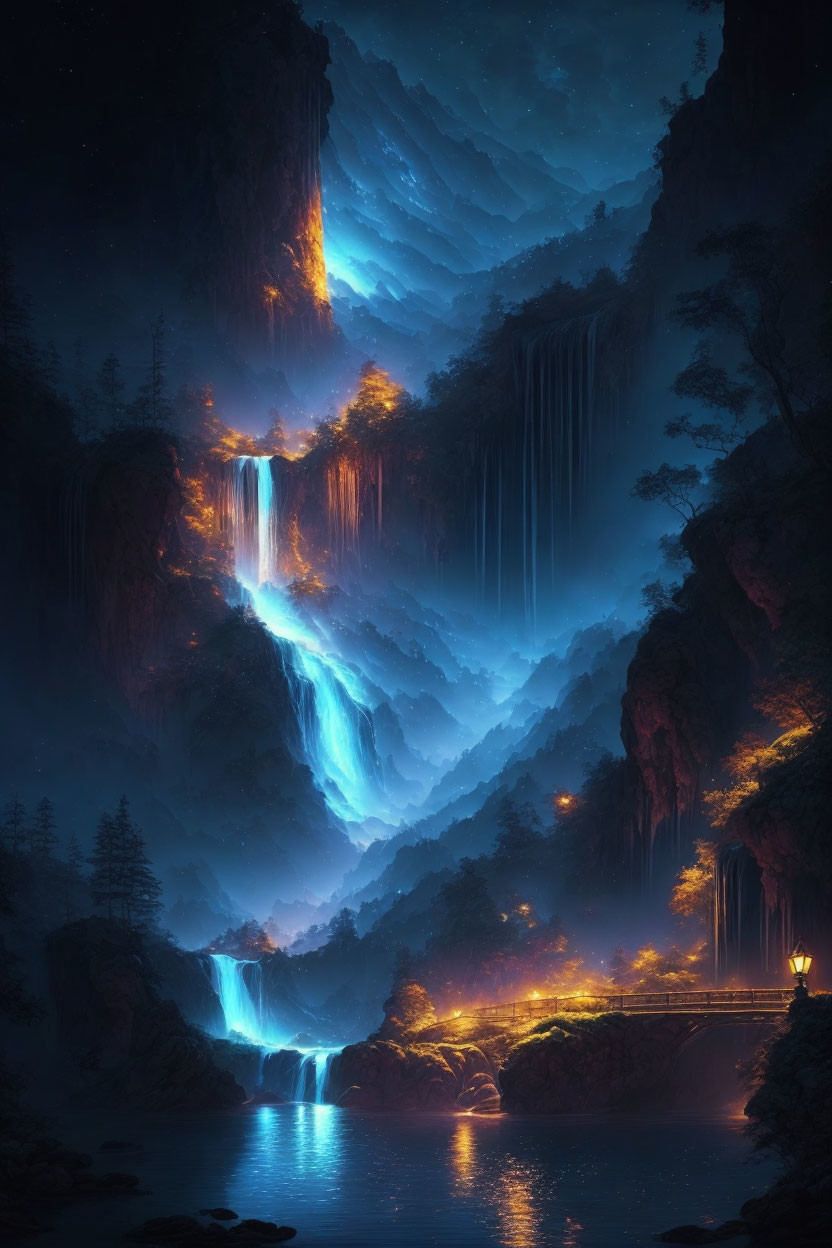 Mystical landscape with glowing blue waterfalls and serene rivers