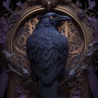 Majestic raven with intricate feathers in gothic golden frame