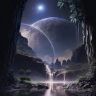 Mystical landscape with glowing blue waterfalls and serene rivers