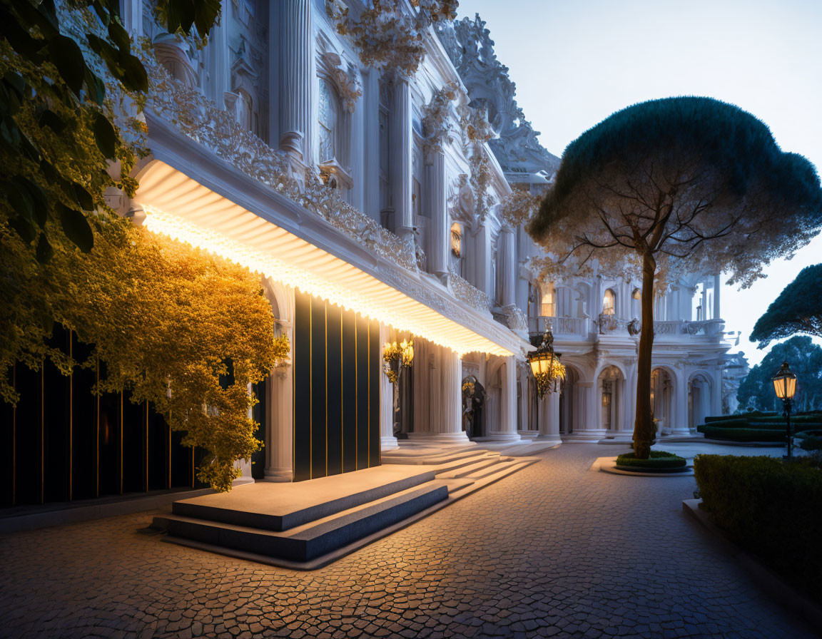 Elegant building with illuminated awnings and classical façade at dusk