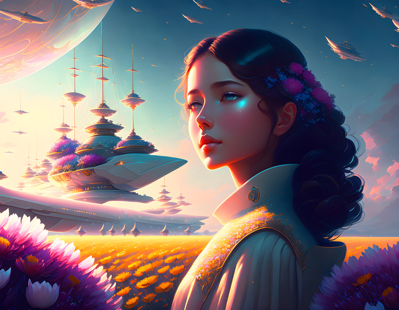 Digital art portrait of serene woman in vibrant flower field with futuristic ships and whimsical sky