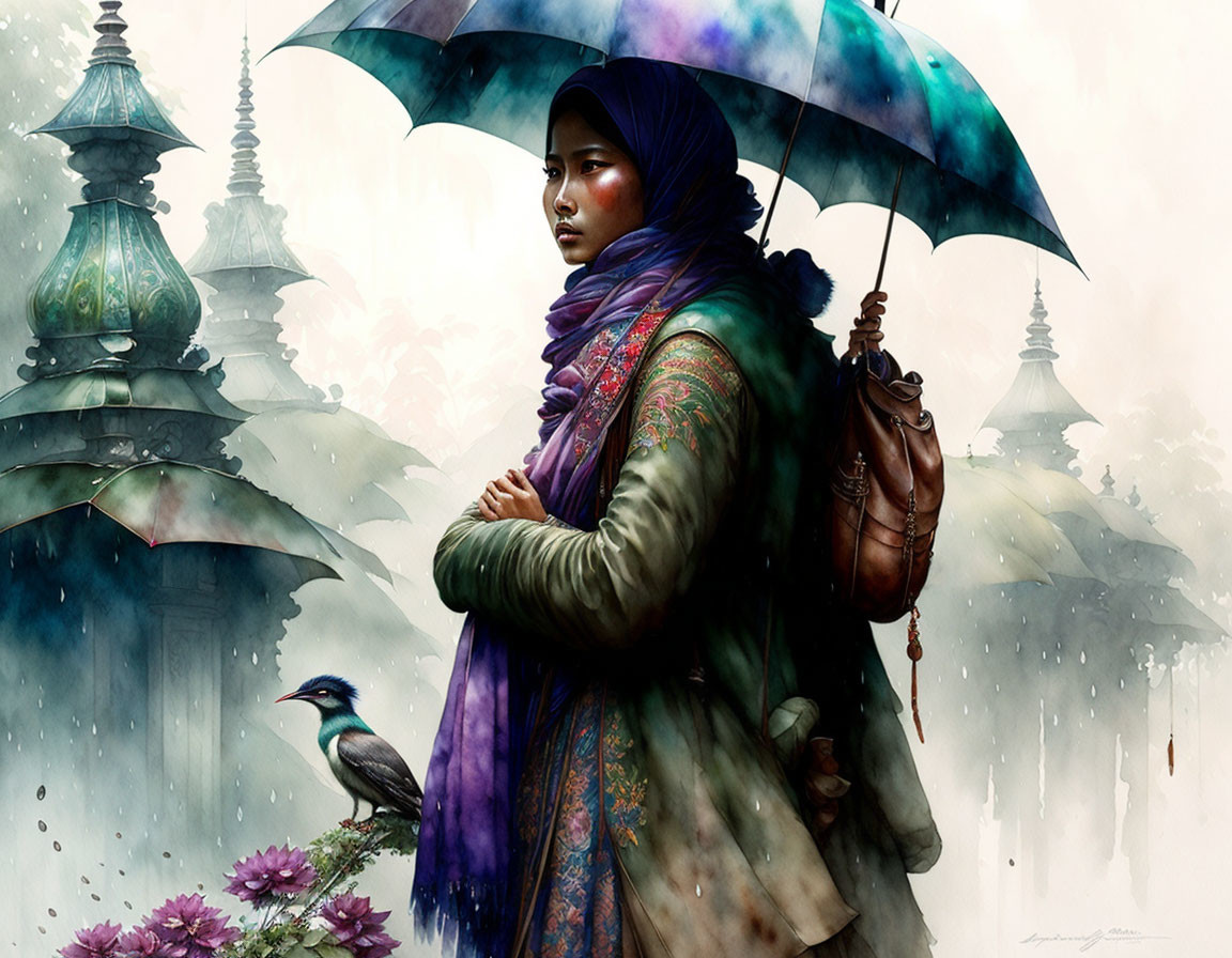 Traditional Attire Woman with Umbrella by Pink Flowers and Misty Towers