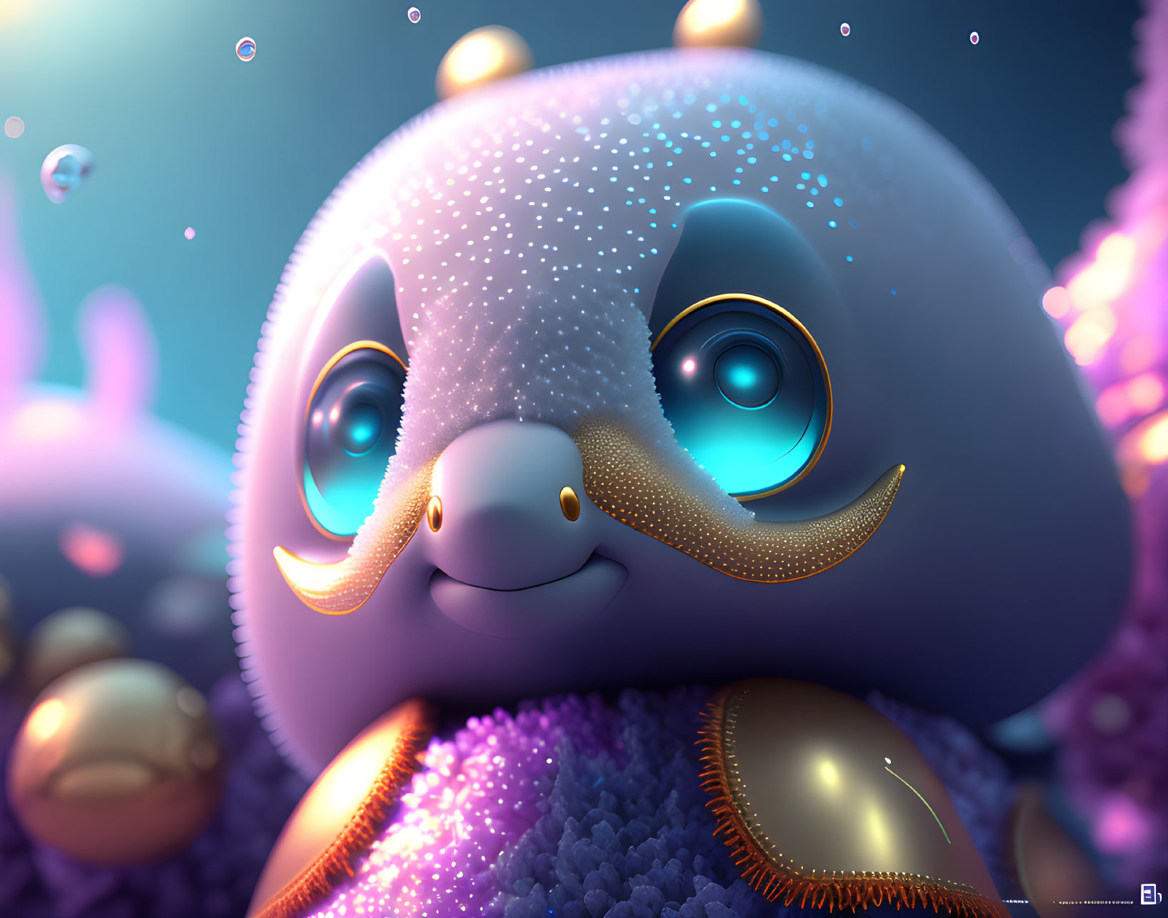 Stylized octopus character with big blue eyes in underwater scene