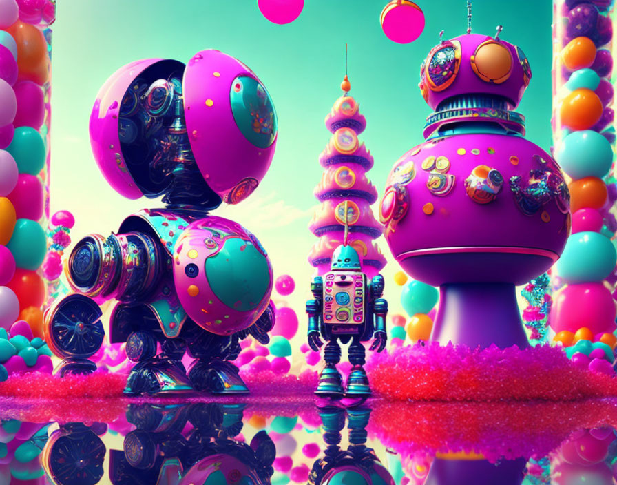 Colorful Landscape with Whimsical Robots and Floating Balloons