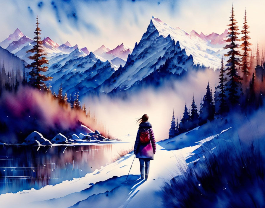 Person admiring misty lakeside, snow-capped mountains, and twilight sky in watercolor landscape