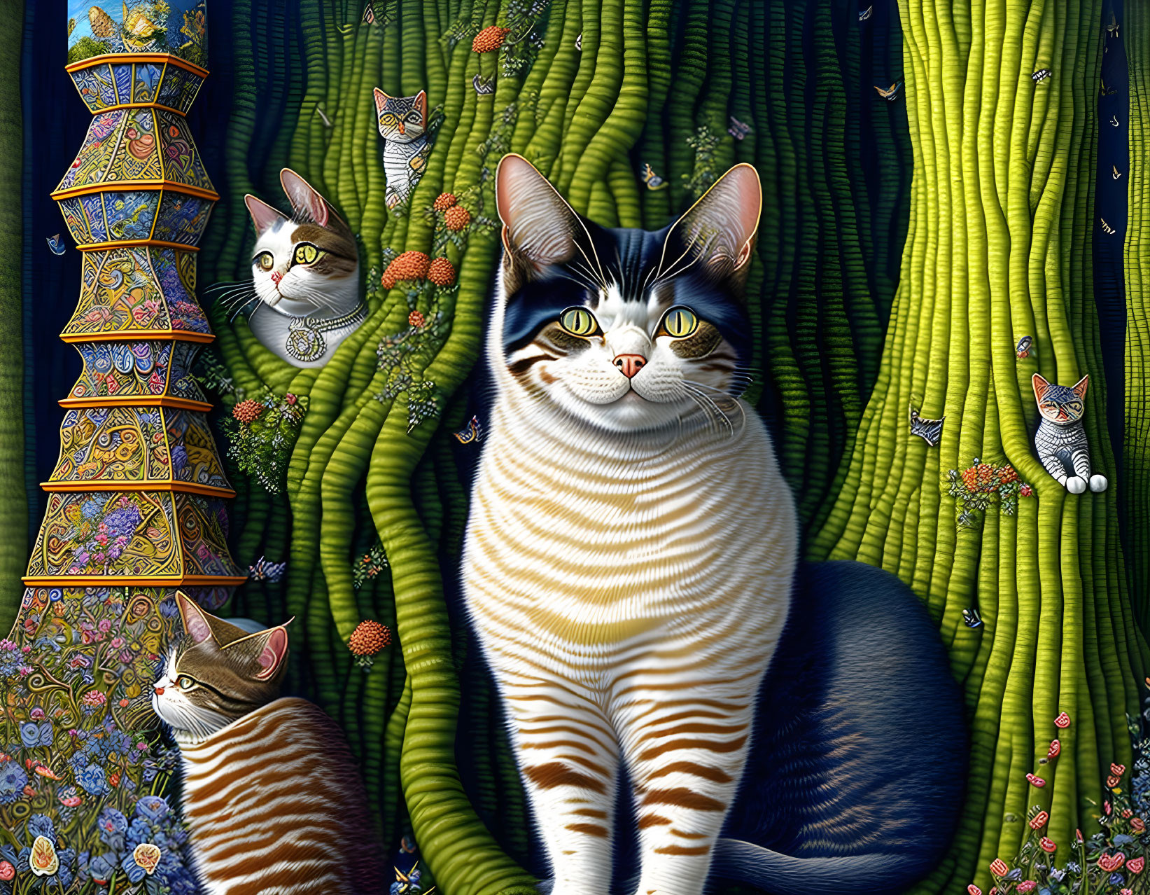 Whimsical cat illustration in fantastical landscape