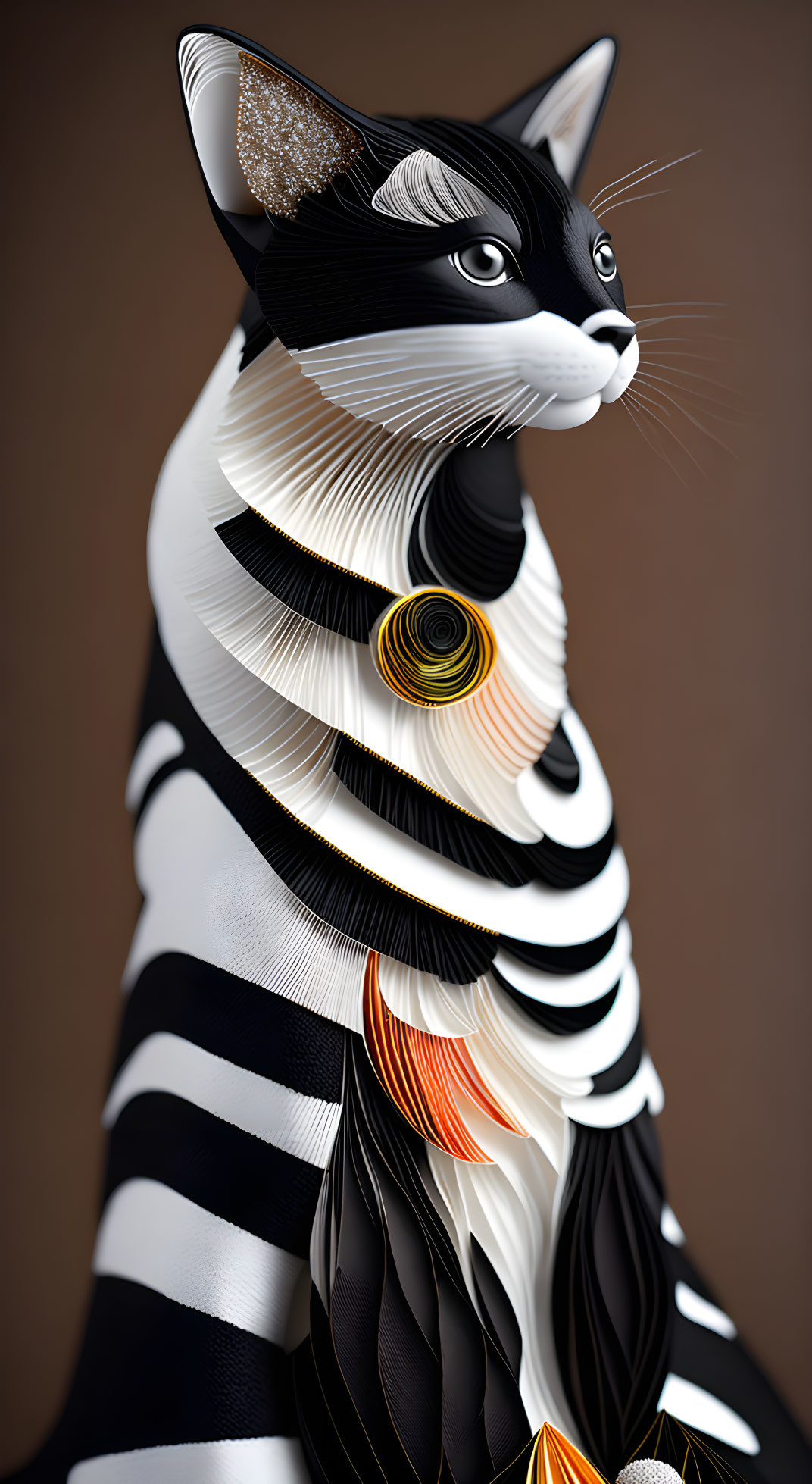 Stylized cat artwork with black and white stripes and colorful swirl patterns