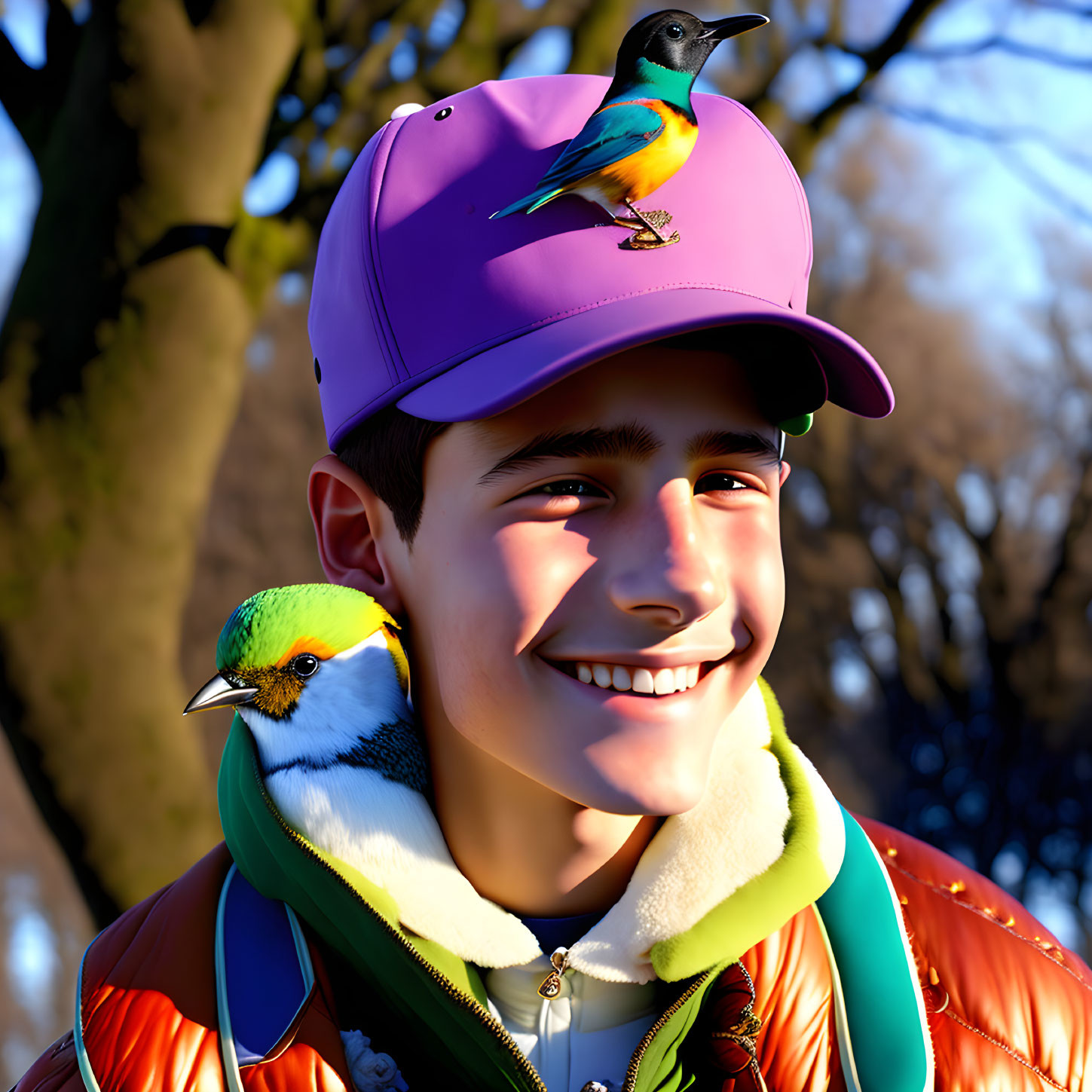 Smiling person in purple cap and orange jacket with birds on them