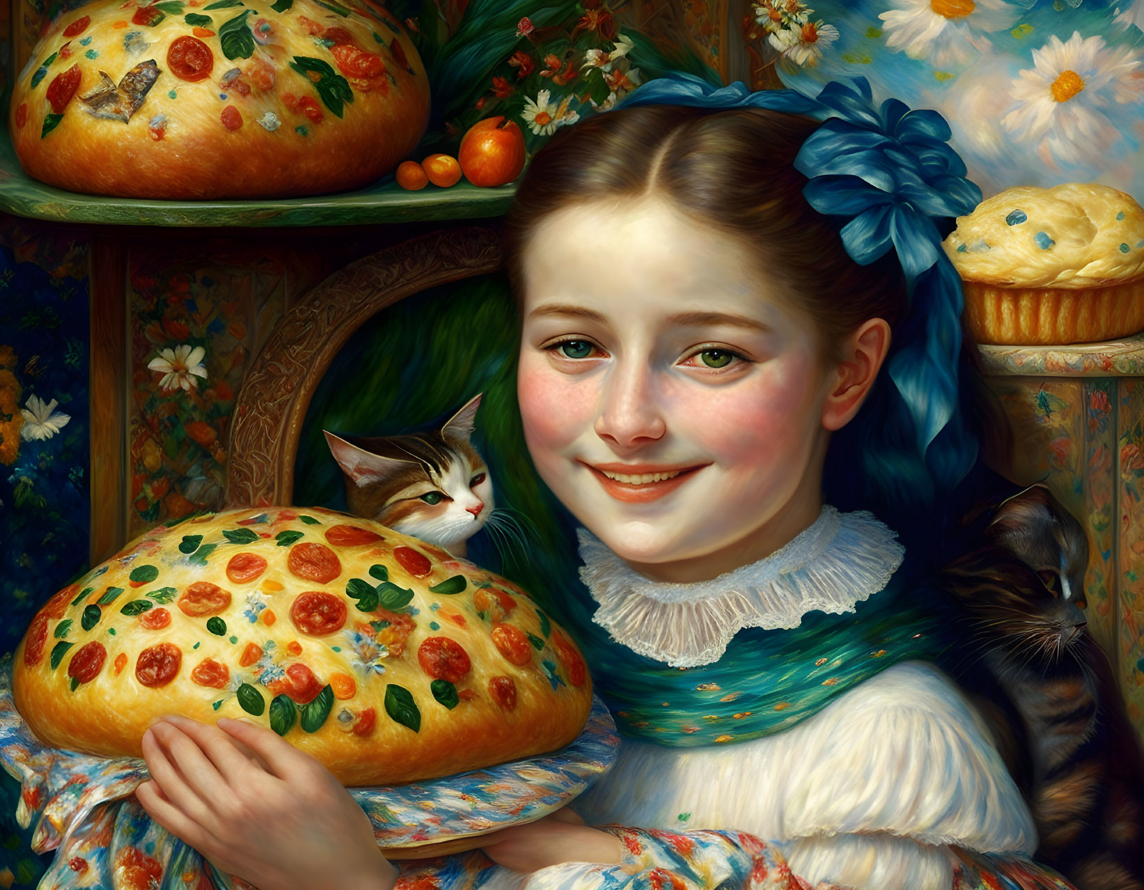 Vintage-clad girl with bread and cats in floral setting