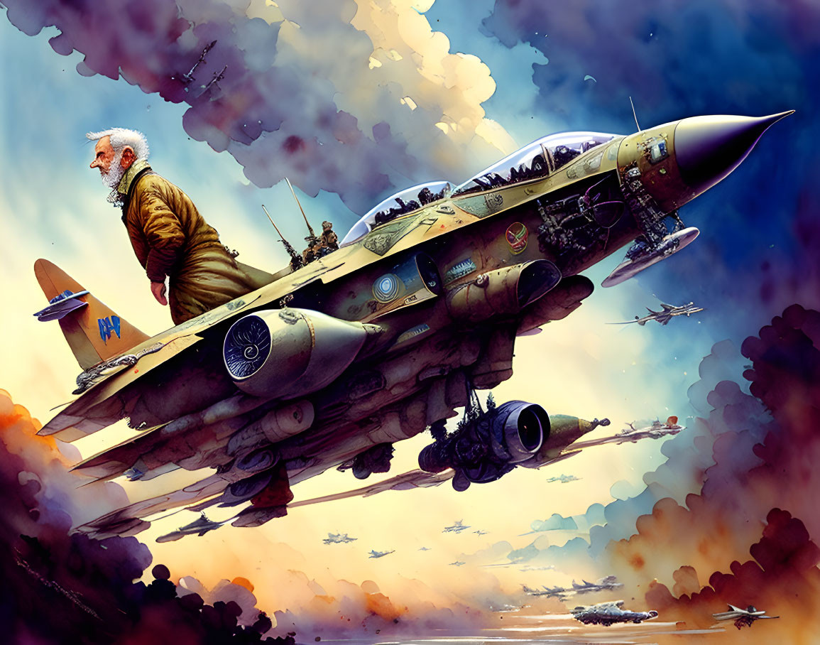 Elderly man on vintage fighter plane in dramatic sunset sky