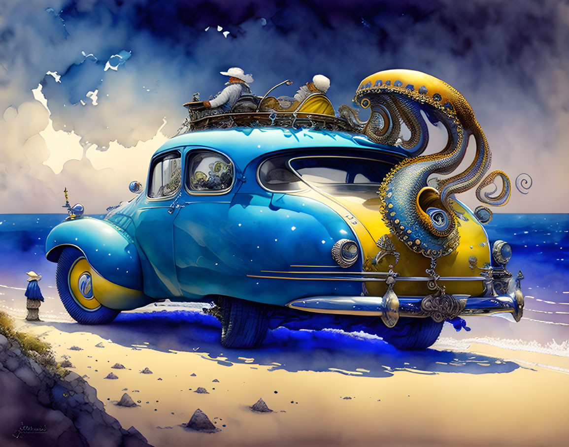 Whimsical artwork: Blue car with tentacle modifications and seagull on a seascape