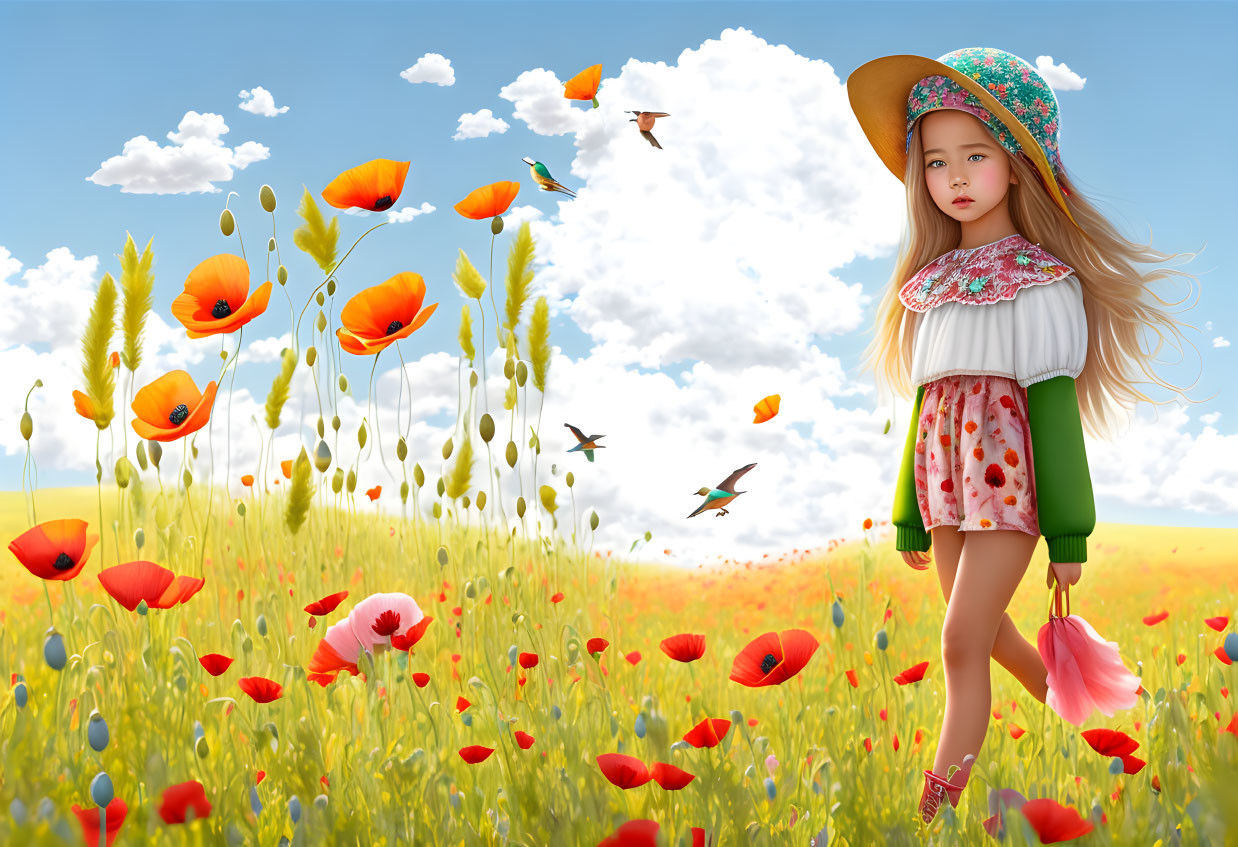 Vibrant Poppy Flowers Scene with Young Girl