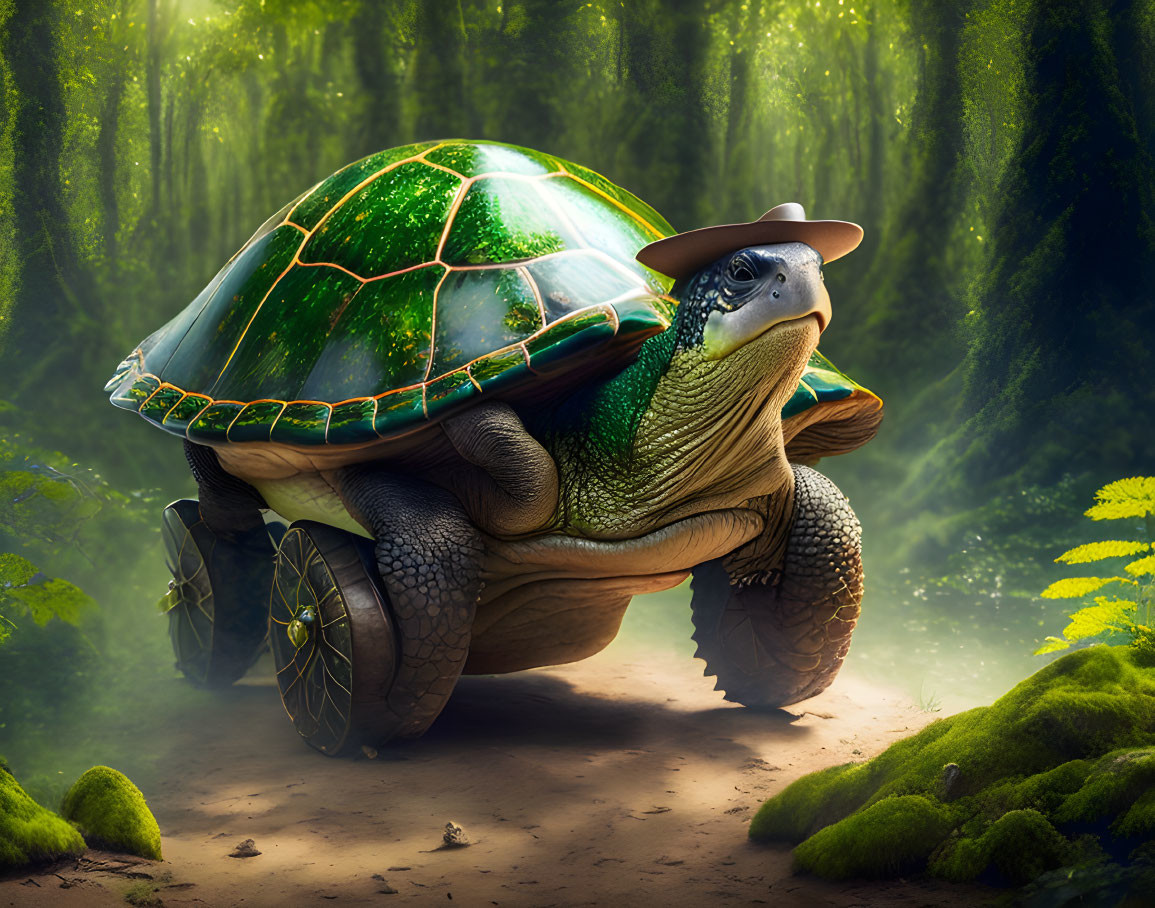 Digitally created turtle with green stained glass shell and hat on wheels in mystical forest