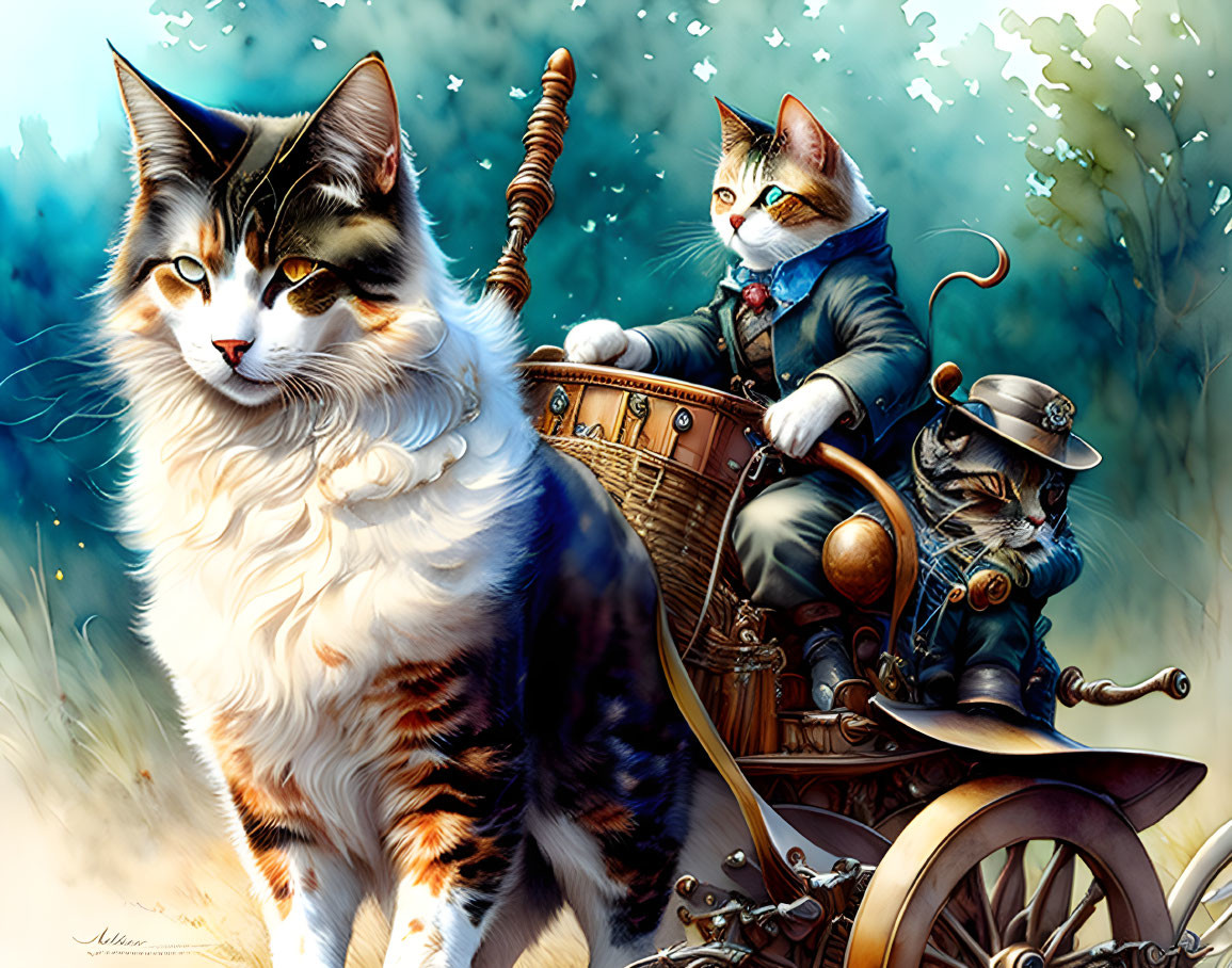 Whimsical anthropomorphic cat trio in vintage outfits on steampunk tricycle